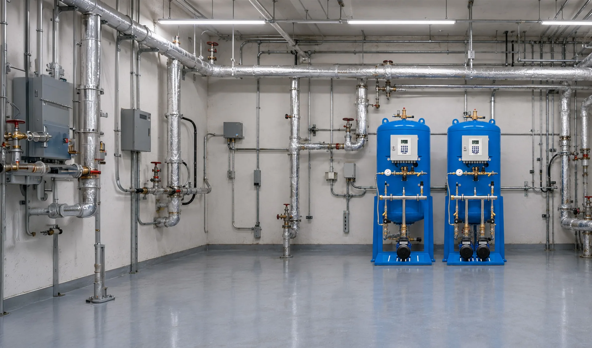 Technikzentrale mit zwei blauen Barnova Druckhaltestationen